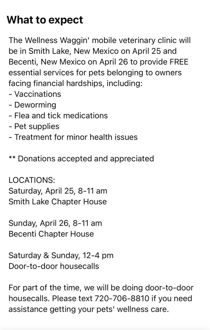 Rez Dawg Rescue Mobile Wellness Services April 25 Smith Lake, NM and April 26, Becenti, NM