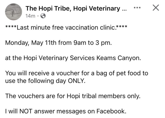 Hopi Veterinary Keams Canyon May 11 free vaccination clinic 9 am to 3 pm