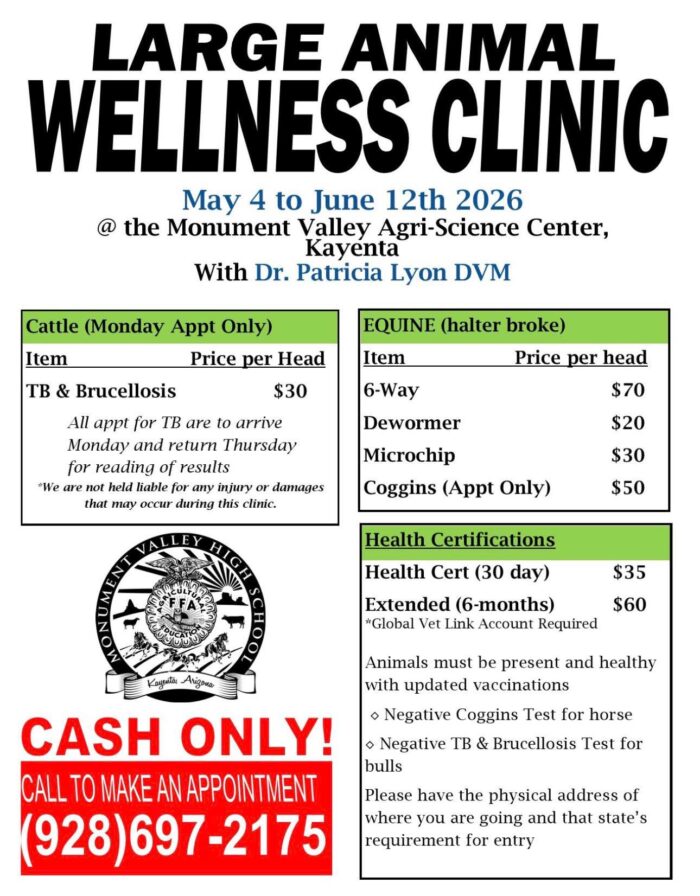 Large Animal Wellness Clinic May 4 - June 12 at Agri-Science Center Monument Valley High School