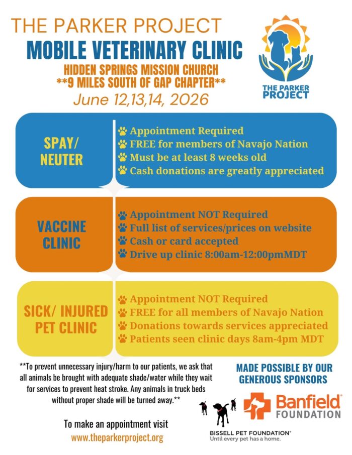 The Parker Project June 12-14 Spay/Neuter/Vaccine clinic at Hidden Springs Mission Church 9 miles south of the Gap