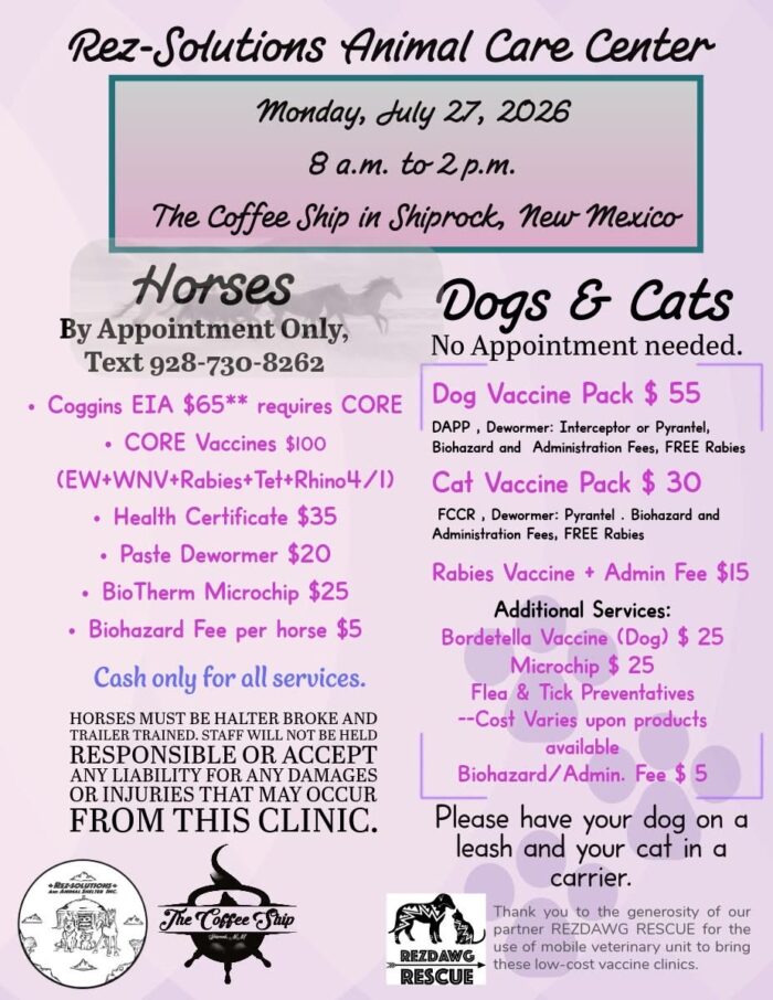 Rez-Solutions Monday July 27 Shiprock Horses, Dogs, and Cats clinic