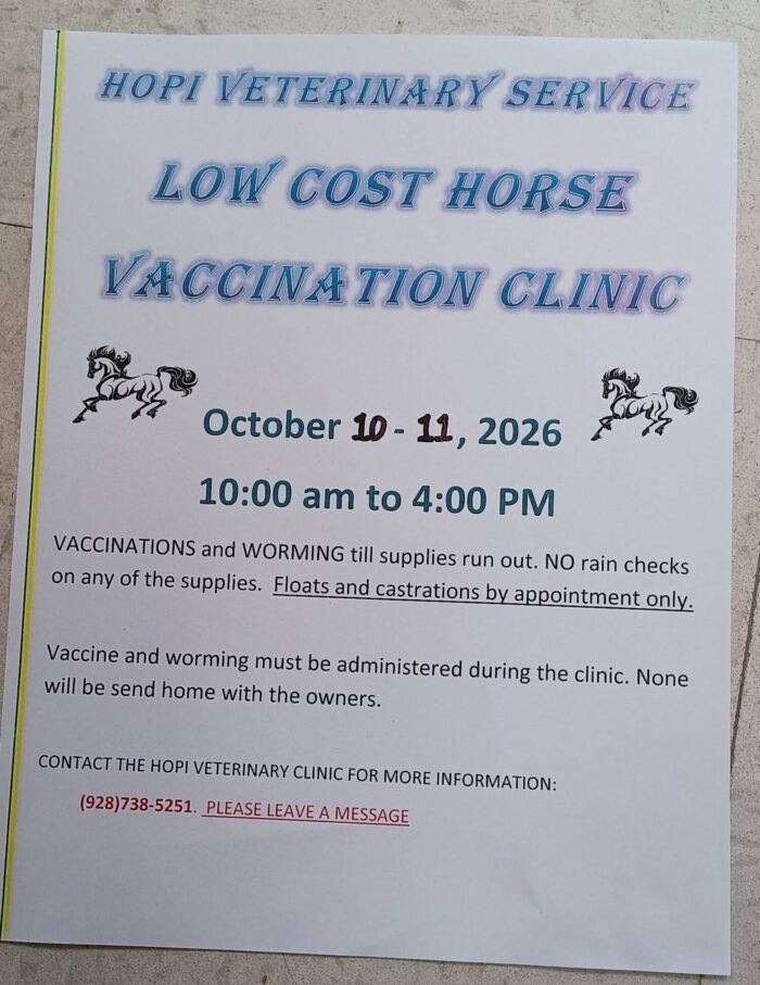 Hopi Veterinary Clinic Horse Vaccinations October 10-11