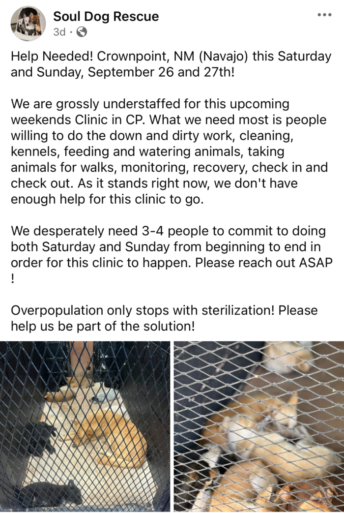 Soul Dog Rescue Crownpoint Spay Neuter and vaccination clinic September 26 & 27
