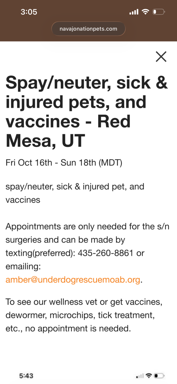 Underdog Animal Rescue and Rehab Moab Spay/Neuter/Vaccination Clinic Red Mesa October 16-18