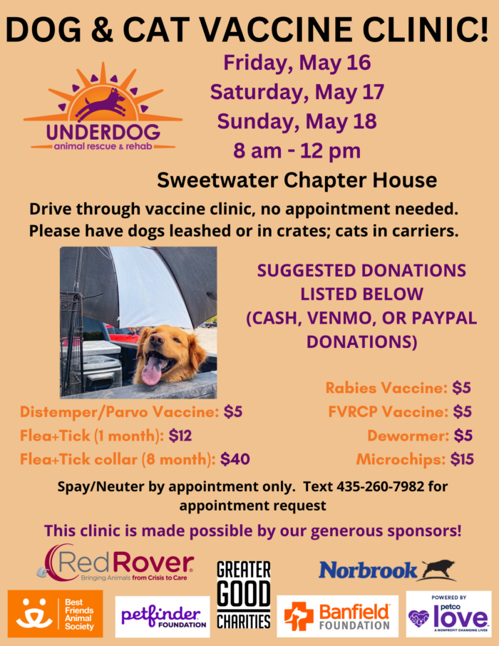 May 16-18 Vaccine Clinic and Spay/Neuter Clinic Sweetwater Chapter House Underdog