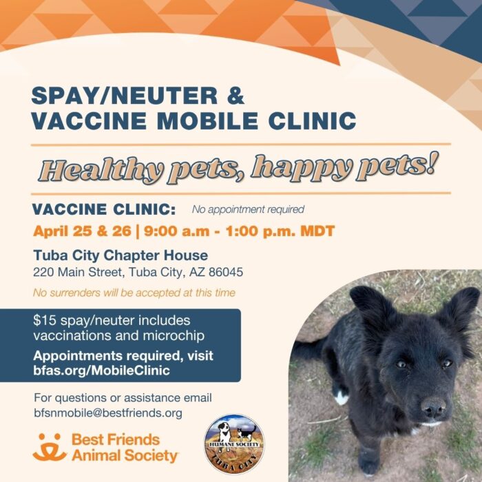 Best Friends Animal Society mobile spay/neuter/vaccination clinic at the Tuba City Chapter House April 25 & 26, 2026