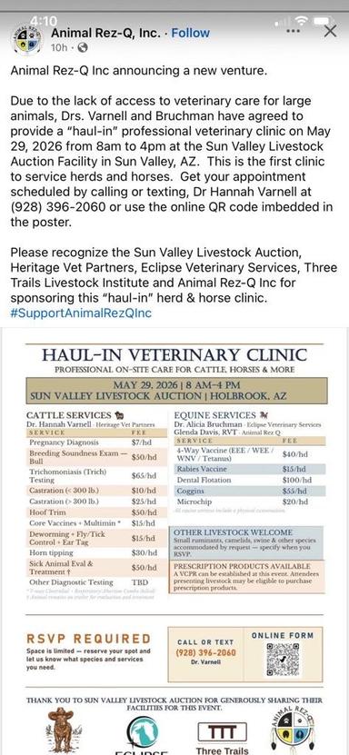 May 19 Haul-In Veterinary Clinic for large animals with Animal Rez-Q and Heritage Vet Partners