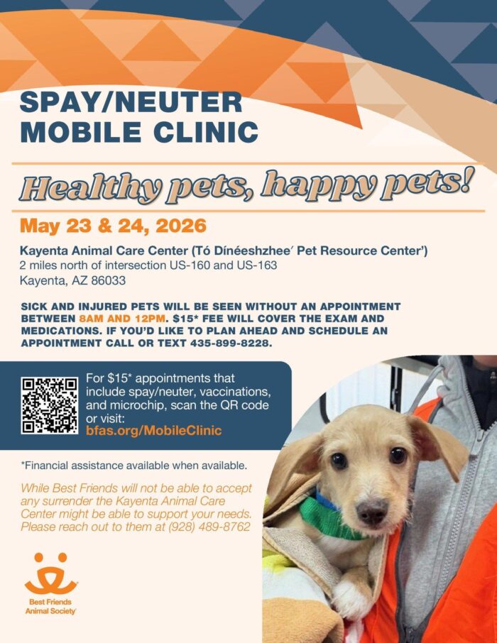 Spay/Neuter mobile clinic Kayenta May 23 & 24 Kayenta Animal Care Center