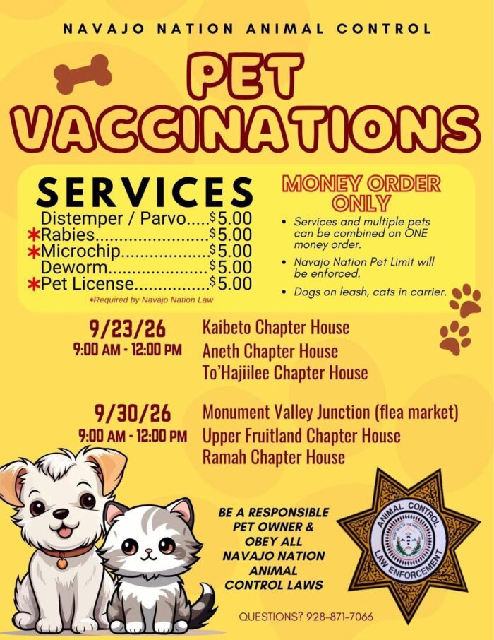 Navajo Nation Animal Control pet vaccinations 9/30/26