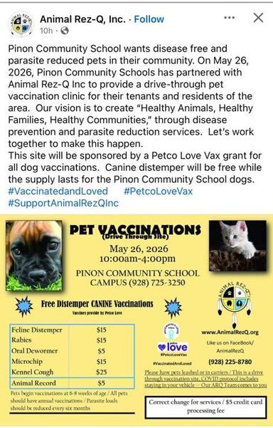 Pinon Community School May 26 Pet Vaccinations with Animal Rez-Q