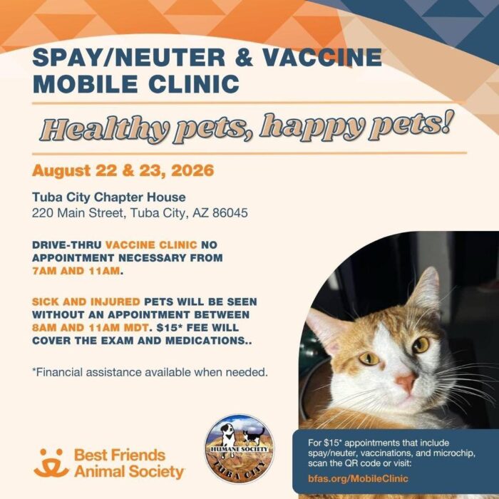 August 22 & 23, Spay/Neuter/Vaccine clinic by Best Friends Animal Society at the Tuba City Chapter House