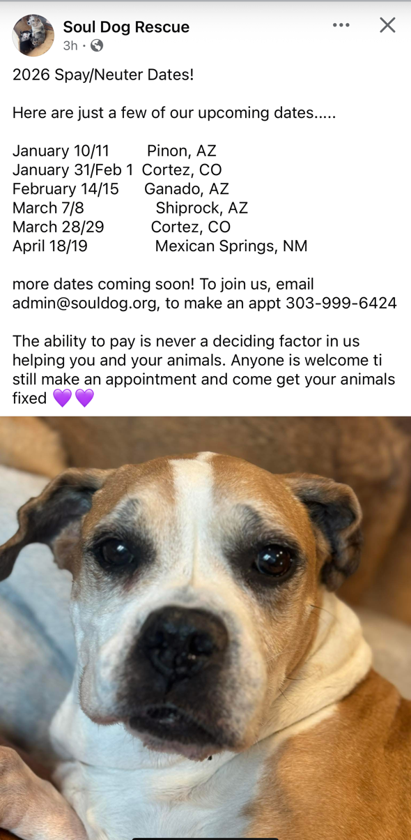 Soul Dog Rescue January - April Spay/Neuter/Vaccination Clinic schedule for 2026