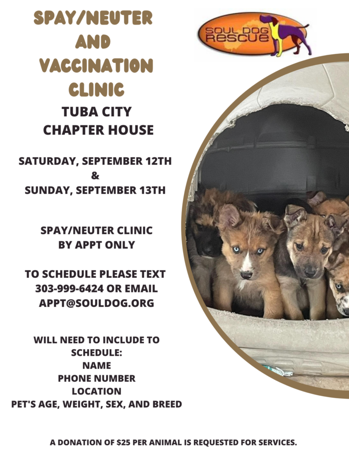 Soul Dog Rescue September 12 & 13 spay/neuter/vaccination clinic at the Tuba City Chapter House