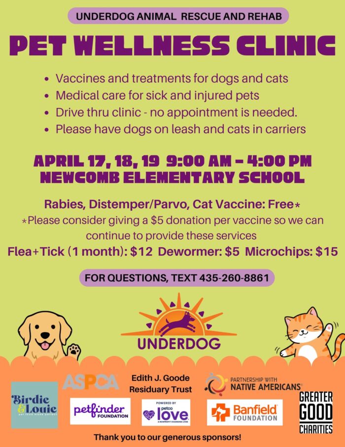 Underdog Animal Rescue and Rehab Pet Wellness Clinic in Newcomb April 17-19, 2026