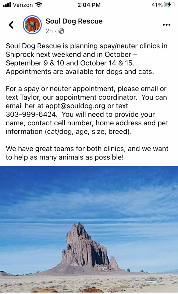 Soul Dog Rescue Spay/Neuter clinics in Shiprock September 9 & 10 and October 14 & 15