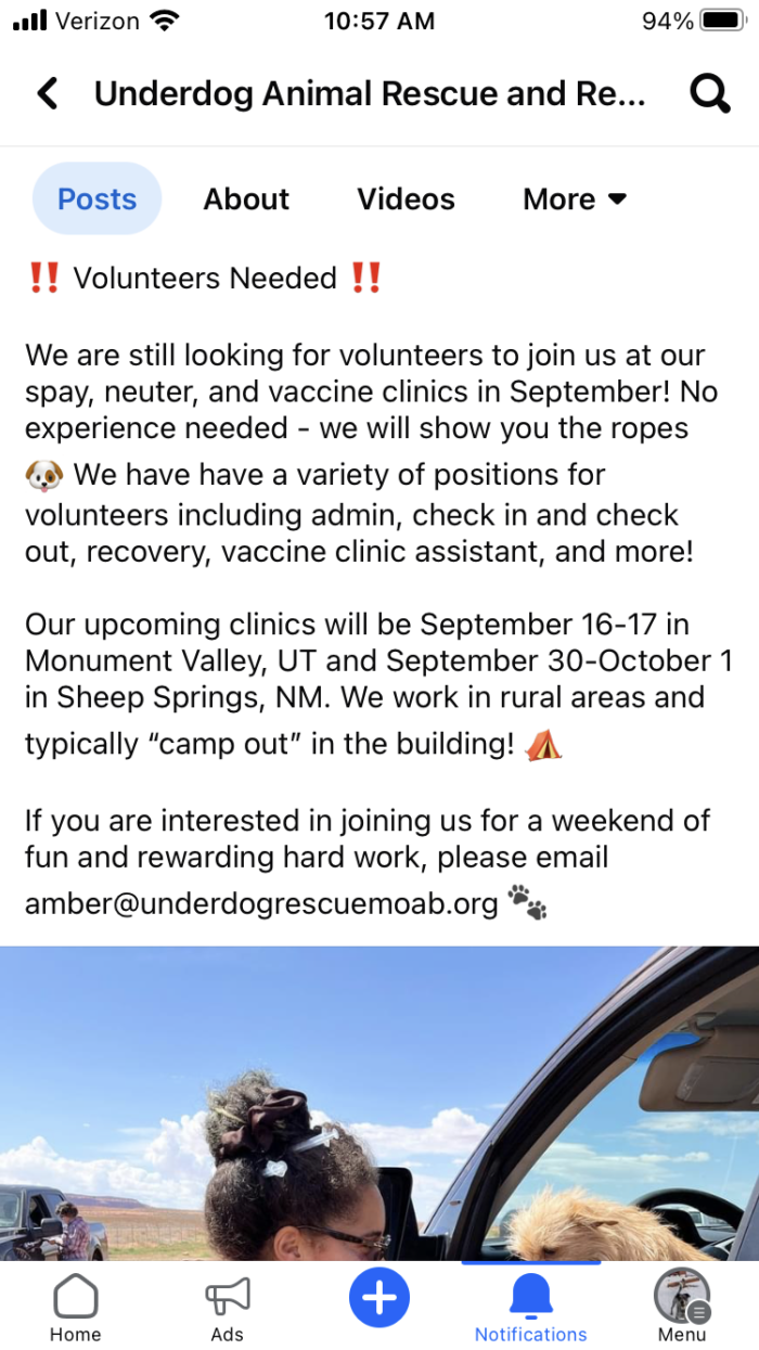 Underdog Spay/Neuter clinic September 16-17 in Monument Valley, and September 30-October 1 in Sheep Springs, NM