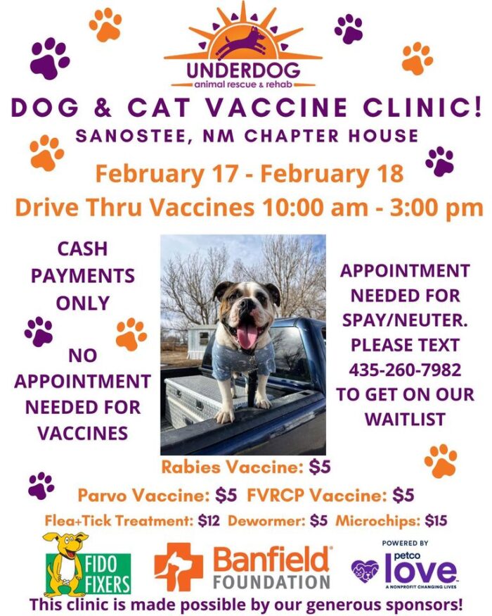 Underdog Animal Rescue and Rehab Moab Spay/Neuter/Vaccination clinic February 17-18 in Sanostee, NM. Text (435) 260-7982 to get on the wait list. No appointment needed for vaccines.
