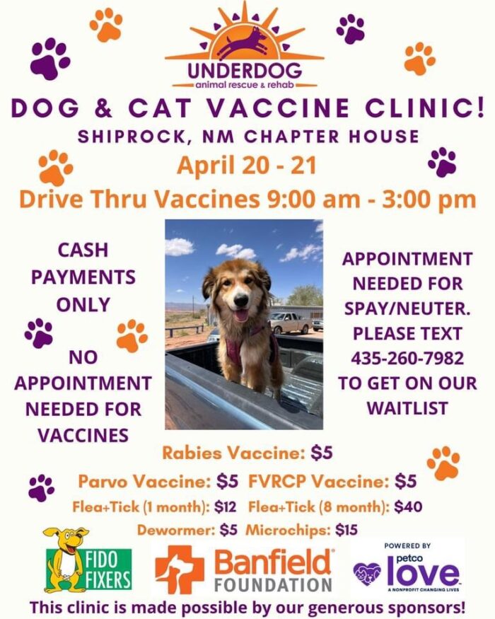 Underdog Spay/Neuter/Vaccination Clinic April 20 & 21 Shiprock Chapter House
