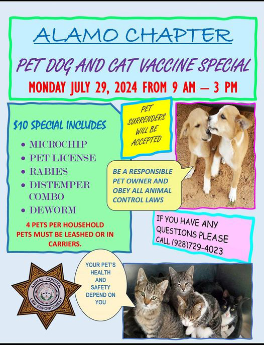 Alamo Chapter July 29, 9 am - 3 pm, Navajo Nation Animal Control dog and cat vaccine clinic