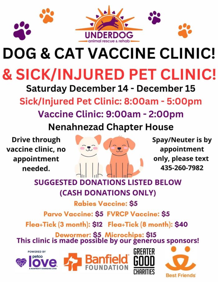 December 14 & 15 Underdog Sick/Injured Pets and Vaccination Clinic at Neneahnezad Chapter House in Fruitland, NM